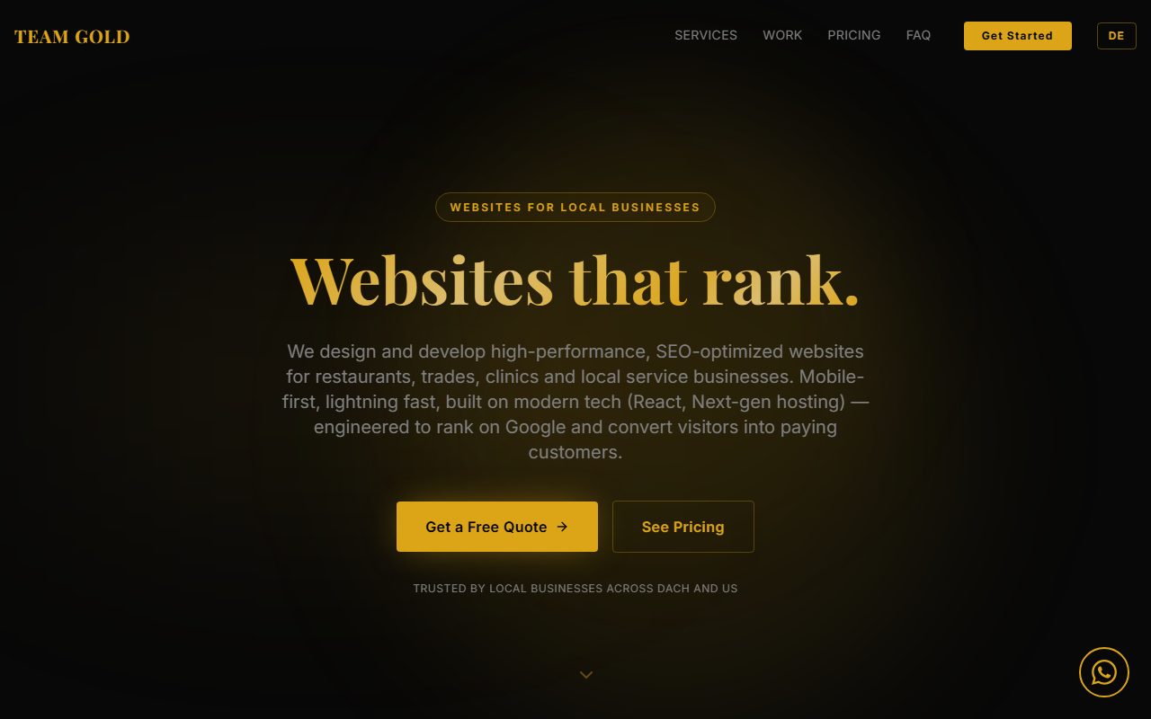 teamgoldllc.de homepage: dark layout with a gold headline reading Websites that rank.